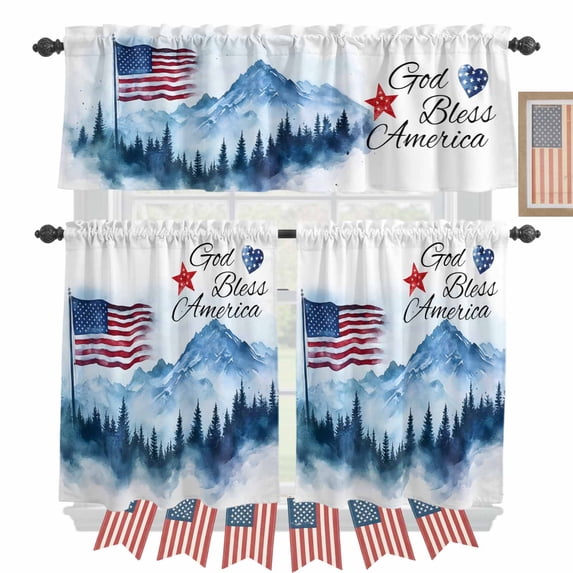 Independence Day Kitchen Curtains Valances 3 Piece Set, God Bless American Mountains Rod Pocket Tier Curtain and Valance Drapes for Small Window 24 Inch Length for Bedroom Cafe