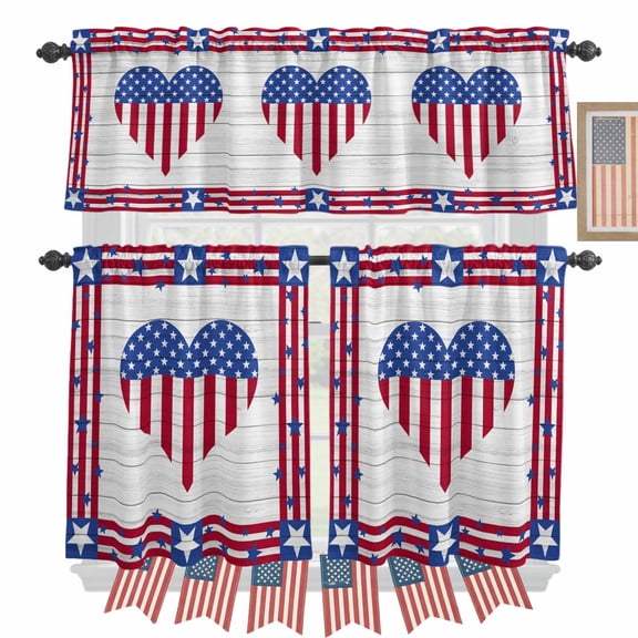 Independence Day Kitchen Curtains Valances 3 Piece Set, Love Heart USA Flag Wood Grain Rod Pocket Tier Curtain and Valance Drapes for Small Window 36 Inch Length for Bedroom Cafe