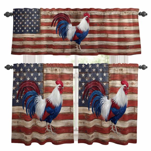 Independence Day Kitchen Curtains Valances 3 Piece Set, Patriotic Rooster Red Blue USA Flag Wood Grain Rod Pocket Tier Curtain and Valance Drapes for Small Window 36 Inch Length for Bedroom Cafe