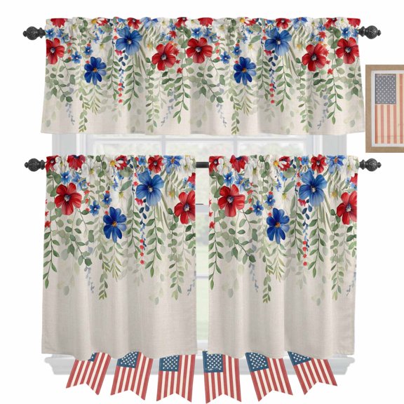 Independence Day Kitchen Curtains Valances 3 Piece Set, Patriotic USA Flag Red Blue Flower Rod Pocket Tier Curtain and Valance Drapes for Small Window 36 Inch Length for Bedroom Cafe