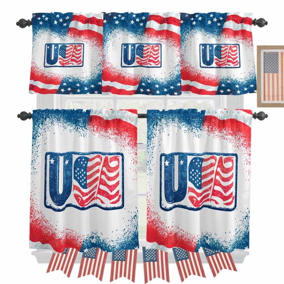 Independence Day Kitchen Curtains Valances 3 Piece Set, Patriotic USA Flag Red Blue Stripe Star Rod Pocket Tier Curtain and Valance Drapes for Small Window 24 Inch Length for Bedroom Cafe
