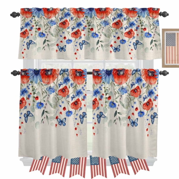 Independence Day Kitchen Curtains Valances 3 Piece Set, Red Blue Poppy Butterfly Vintage Linen Rod Pocket Tier Curtain and Valance Drapes for Small Window 24 Inch Length for Bedroom Cafe