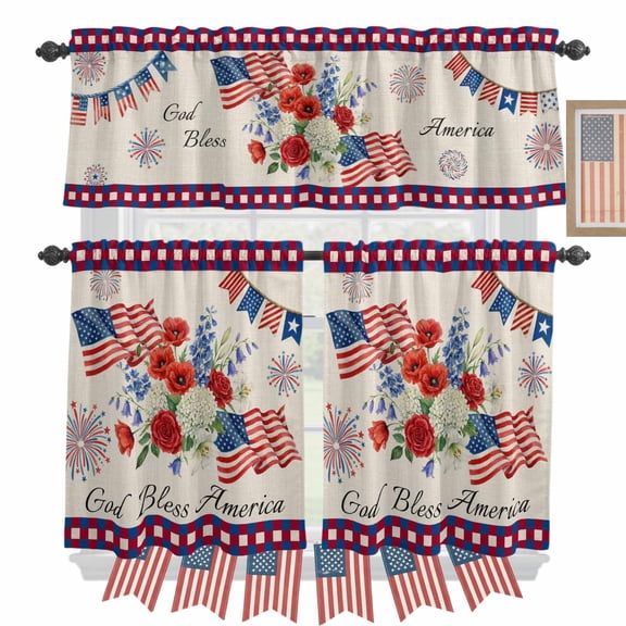 Independence Day Kitchen Curtains Valances 3 Piece Set, Red Blue USA Flag Floral Fireworks Linen Texture Rod Pocket Tier Curtain and Valance Drapes for Small Window 24 Inch Length for Bedroom Cafe