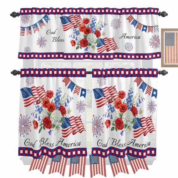 Independence Day Kitchen Curtains Valances 3 Piece Set, Red Blue USA Flag Floral Fireworks Rod Pocket Tier Curtain and Valance Drapes for Small Window 24 Inch Length for Bedroom Cafe