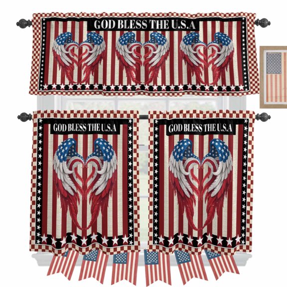 Independence Day Kitchen Curtains Valances 3 Piece Set, Red Blue USA Flag Wings Stripe Stars Plaid Rod Pocket Tier Curtain and Valance Drapes for Small Window 24 Inch Length for Bedroom Cafe
