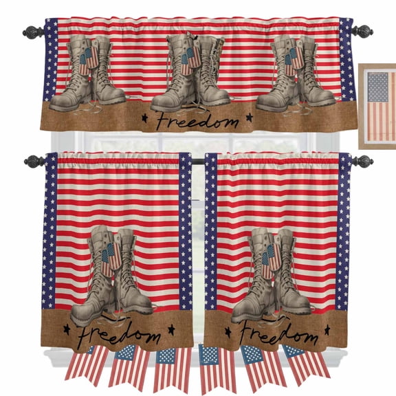 Independence Day Kitchen Curtains Valances 3 Piece Set, Retro Boots Usa Flag Red Blue Stripes Stars Rod Pocket Tier Curtain and Valance Drapes for Small Window 36 Inch Length for Bedroom Cafe