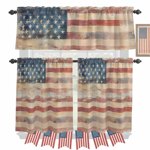 Independence Day Kitchen Curtains Valances 3 Piece Set, Retro Country USA Flag Memorial Day Rod Pocket Tier Curtain and Valance Drapes for Small Window 24 Inch Length for Bedroom Cafe