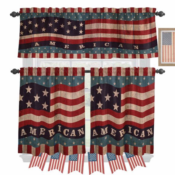 Independence Day Kitchen Curtains Valances 3 Piece Set, Retro Flag of USA Rod Pocket Tier Curtain and Valance Drapes for Small Window 24 Inch Length for Bedroom Cafe