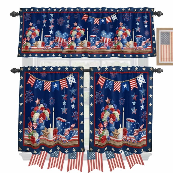 Independence Day Kitchen Curtains Valances 3 Piece Set, Retro Red Blue USA Flag Floral Star Dark Blue Rod Pocket Tier Curtain and Valance Drapes for Small Window 24 Inch Length for Bedroom Cafe