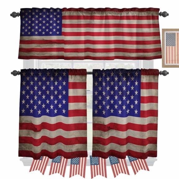 Independence Day Kitchen Curtains Valances 3 Piece Set, Retro USA Flag Patriotic Vintage Rod Pocket Tier Curtain and Valance Drapes for Small Window 24 Inch Length for Bedroom Cafe