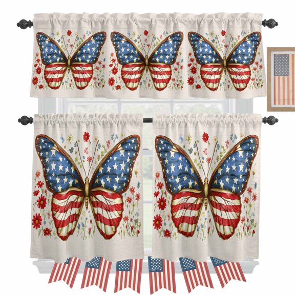 Independence Day Kitchen Curtains Valances 3 Piece Set, Retro USA Flag Red Blue Butterfly Rod Pocket Tier Curtain and Valance Drapes for Small Window 36 Inch Length for Bedroom Cafe