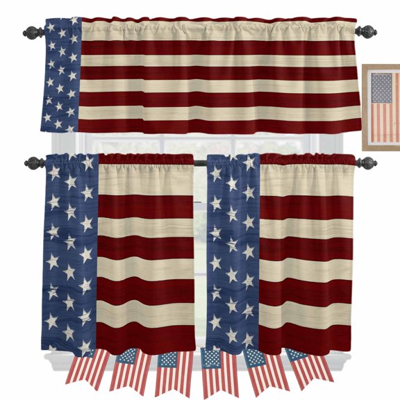 Independence Day Kitchen Curtains Valances 3 Piece Set, Star and Stripes Red Blue USA Flag Rod Pocket Tier Curtain and Valance Drapes for Small Window 24 Inch Length for Bedroom Cafe