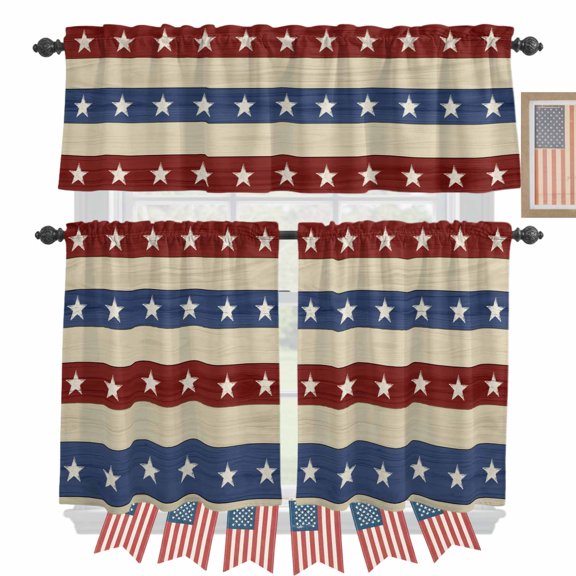 Independence Day Kitchen Curtains Valances 3 Piece Set, Stars and Stripe Red Blue USA Flag Rod Pocket Tier Curtain and Valance Drapes for Small Window 24 Inch Length for Bedroom Cafe