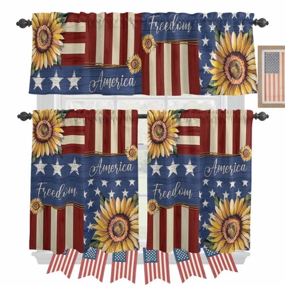 Independence Day Kitchen Curtains Valances 3 Piece Set, Stars and Stripe Rod Pocket Tier Curtain and Valance Drapes for Small Window 36 Inch Length for Bedroom Cafe