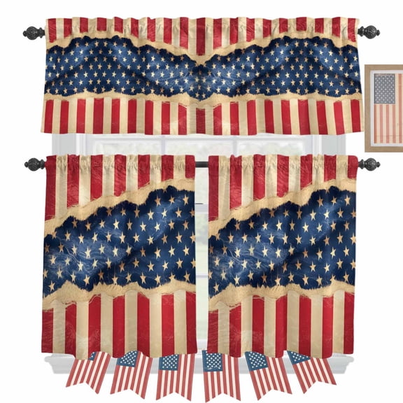 Independence Day Kitchen Curtains Valances 3 Piece Set, Stars And Stripes USA Flag Rod Pocket Tier Curtain and Valance Drapes for Small Window 24 Inch Length for Bedroom Cafe