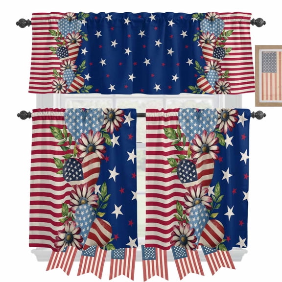 Independence Day Kitchen Curtains Valances 3 Piece Set, Stripes Stars Heart Flower USA Flag Rod Pocket Tier Curtain and Valance Drapes for Small Window 36 Inch Length for Bedroom Cafe