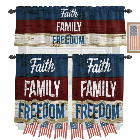 Independence Day Kitchen Curtains Valances 3 Piece Set, U.S. Flag Faith Family Freedom Wood Grain Rod Pocket Tier Curtain and Valance Drapes for Small Window 24 Inch Length for Bedroom Cafe