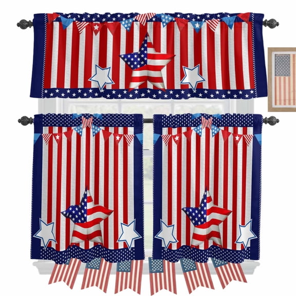 Independence Day Kitchen Curtains Valances 3 Piece Set, U.S. Flag Stars Red Striped Blue Navy Background Rod Pocket Tier Curtain and Valance Drapes for Small Window 36 Inch Length for Bedroom Cafe