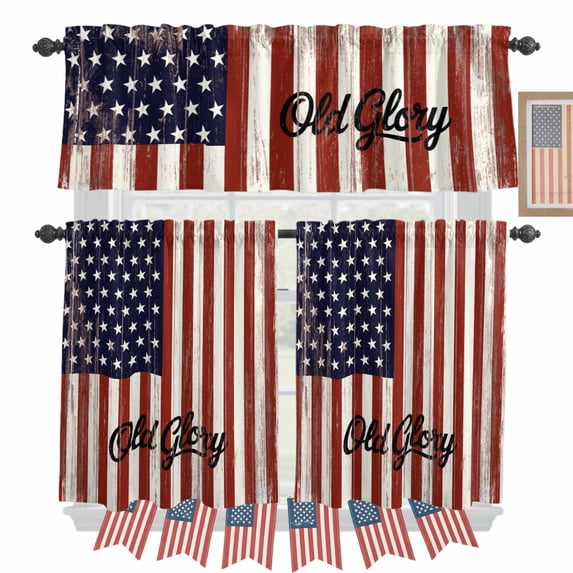 Independence Day Kitchen Curtains Valances 3 Piece Set, U.S. Flag Themed Five-Pointed Star Old Glory Rod Pocket Tier Curtain and Valance Drapes for Small Window 36 Inch Length for Bedroom Cafe
