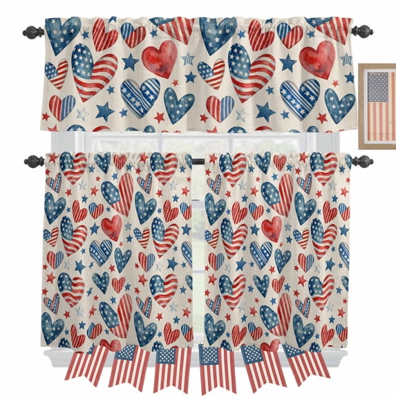 Independence Day Kitchen Curtains Valances 3 Piece Set, U. S. Flag Themed Love Heart Five-Pointed Stars Retro Rod Pocket Tier Curtain and Valance Drapes for Small Window 24 Inch Length for Bedroom