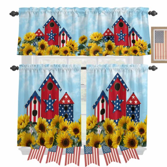 Independence Day Kitchen Curtains Valances 3 Piece Set, U.S. Flag Themed Red Farmhouse Sunflower Rod Pocket Tier Curtain and Valance Drapes for Small Window 24 Inch Length for Bedroom Cafe