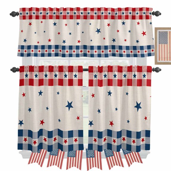 Independence Day Kitchen Curtains Valances 3 Piece Set, USA Flag Blue Red Plaid Rod Pocket Tier Curtain and Valance Drapes for Small Window 24 Inch Length for Bedroom Cafe