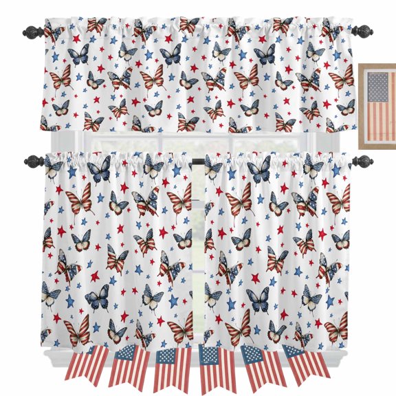Independence Day Kitchen Curtains Valances 3 Piece Set, USA Flag Butterfly Red Blue Stars Rod Pocket Tier Curtain and Valance Drapes for Small Window 24 Inch Length for Bedroom Cafe