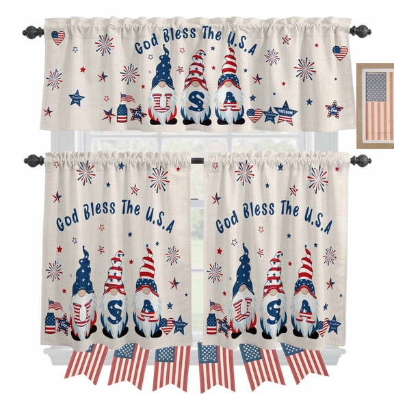 Independence Day Kitchen Curtains Valances 3 Piece Set, USA Flag Cute Gnome Linen Rod Pocket Tier Curtain and Valance Drapes for Small Window 24 Inch Length for Bedroom Cafe
