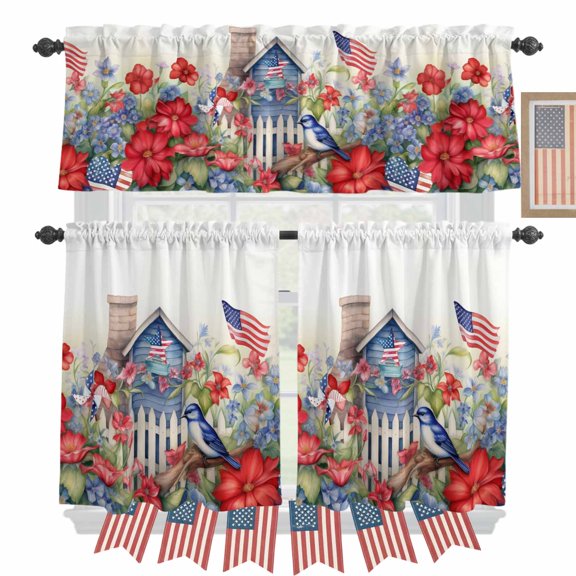 Independence Day Kitchen Curtains Valances 3 Piece Set, USA Flag Flower Star Garden Bird Rod Pocket Tier Curtain and Valance Drapes for Small Window 24 Inch Length for Bedroom Cafe