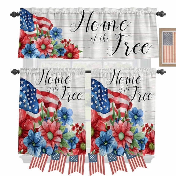 Independence Day Kitchen Curtains Valances 3 Piece Set, USA Flag Red Blue Flower Rod Pocket Tier Curtain and Valance Drapes for Small Window 24 Inch Length for Bedroom Cafe