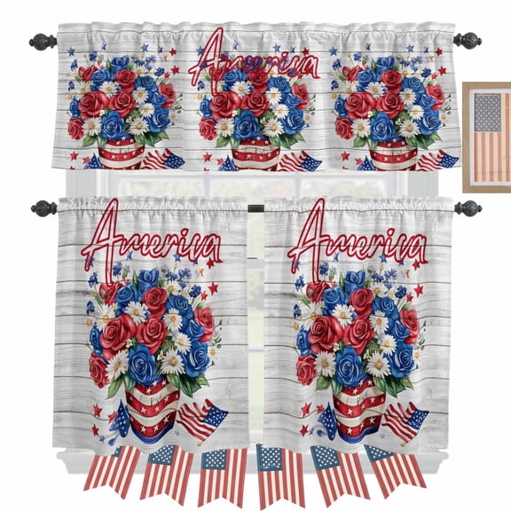 Independence Day Kitchen Curtains Valances 3 Piece Set, USA Flag Red Blue Flowers Wood Grain Rod Pocket Tier Curtain and Valance Drapes for Small Window 36 Inch Length for Bedroom Cafe