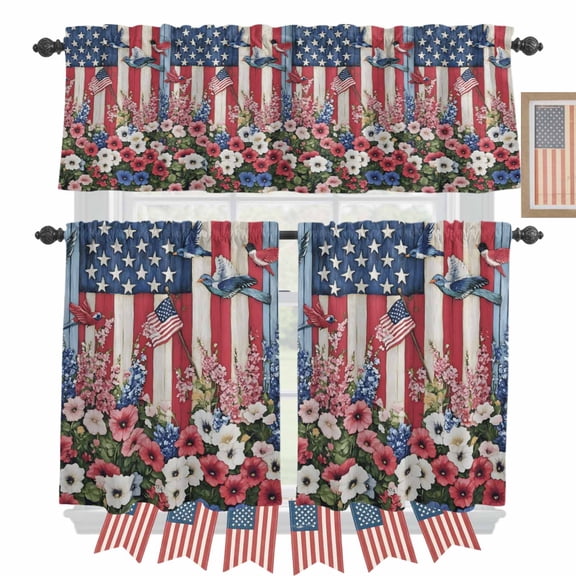 Independence Day Kitchen Curtains Valances 3 Piece Set, USA Flag Red White Poppy Rod Pocket Tier Curtain and Valance Drapes for Small Window 24 Inch Length for Bedroom Cafe