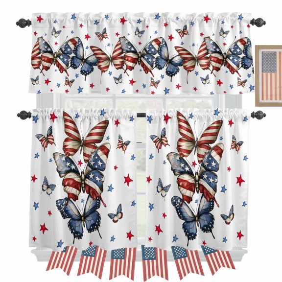 Independence Day Kitchen Curtains Valances 3 Piece Set, USA Flag Retro Butterfly Rod Pocket Tier Curtain and Valance Drapes for Small Window 24 Inch Length for Bedroom Cafe