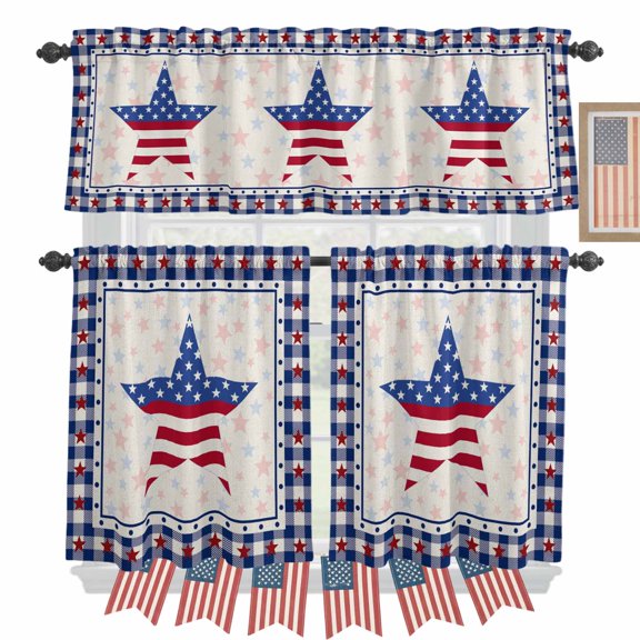 Independence Day Kitchen Curtains Valances 3 Piece Set, USA Flag Star Blue Plaid Retro Rod Pocket Tier Curtain and Valance Drapes for Small Window 24 Inch Length for Bedroom Cafe