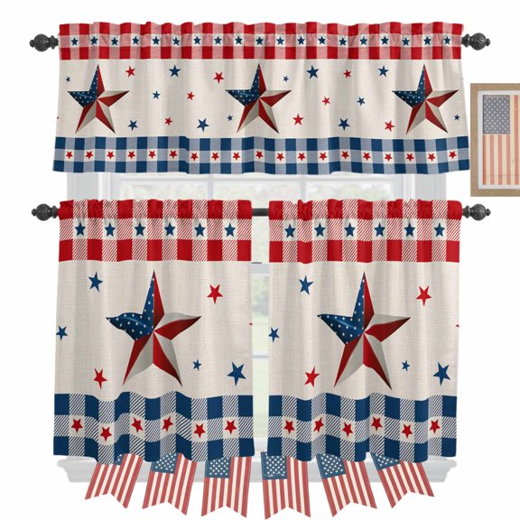 Independence Day Kitchen Curtains Valances 3 Piece Set, USA Flag Star Blue Red Plaid Rod Pocket Tier Curtain and Valance Drapes for Small Window 24 Inch Length for Bedroom Cafe