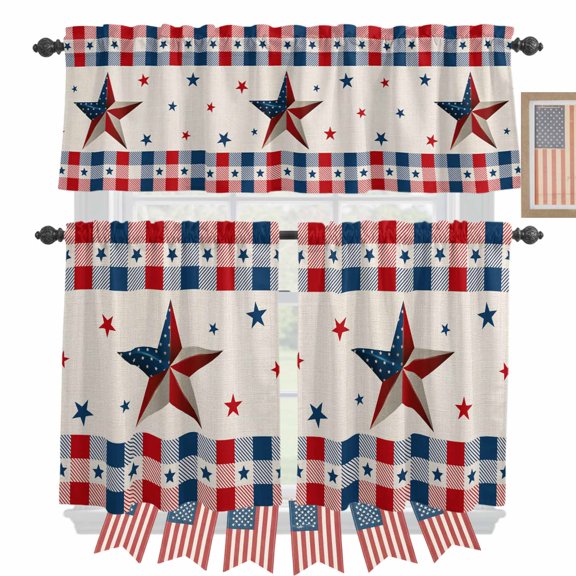 Independence Day Kitchen Curtains Valances 3 Piece Set, USA Flag Star Blue and Red Plaid Rod Pocket Tier Curtain and Valance Drapes for Small Window 24 Inch Length for Bedroom Cafe