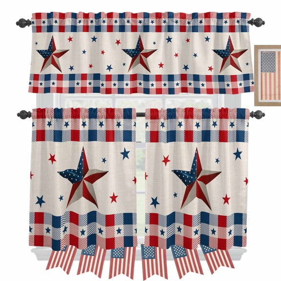 Independence Day Kitchen Curtains Valances 3 Piece Set, USA Flag Star Blue and Red Plaid Rod Pocket Tier Curtain and Valance Drapes for Small Window 36 Inch Length for Bedroom Cafe