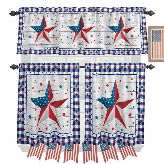 Independence Day Kitchen Curtains Valances 3 Piece Set, USA Flag Star Blue Red Plaid Wood Grain Rod Pocket Tier Curtain and Valance Drapes for Small Window 36 Inch Length for Bedroom Cafe