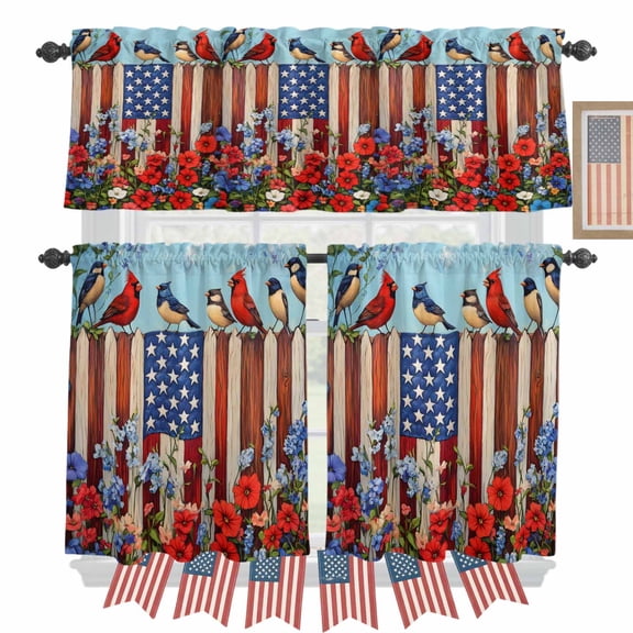 Independence Day Kitchen Curtains Valances 3 Piece Set, USA Flag Vintage Red Flora Bird Rod Pocket Tier Curtain and Valance Drapes for Small Window 24 Inch Length for Bedroom Cafe