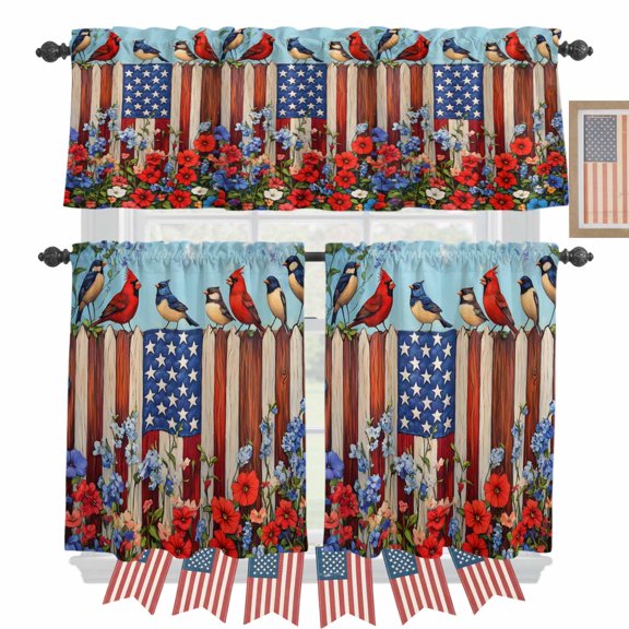 Independence Day Kitchen Curtains Valances 3 Piece Set, USA Flag Vintage Red Flora Bird Rod Pocket Tier Curtain and Valance Drapes for Small Window 36 Inch Length for Bedroom Cafe