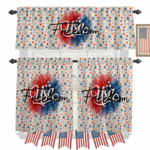Independence Day Kitchen Curtains Valances 3 Piece Set, USA Freedom Red Blue Star Vintage Linen Texture Rod Pocket Tier Curtain and Valance Drapes for Small Window 36 Inch Length for Bedroom Cafe