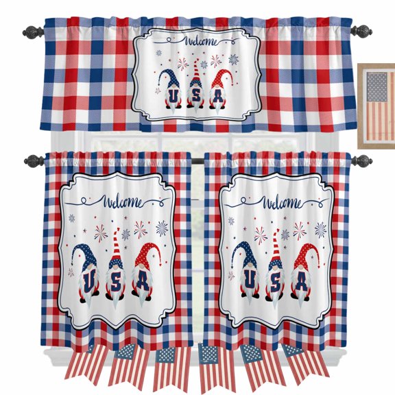 Independence Day Kitchen Curtains Valances 3 Piece Set, USA Gnomes on Blue Red Buffalo Plaid Rod Pocket Tier Curtain and Valance Drapes for Small Window 36 Inch Length for Bedroom Cafe