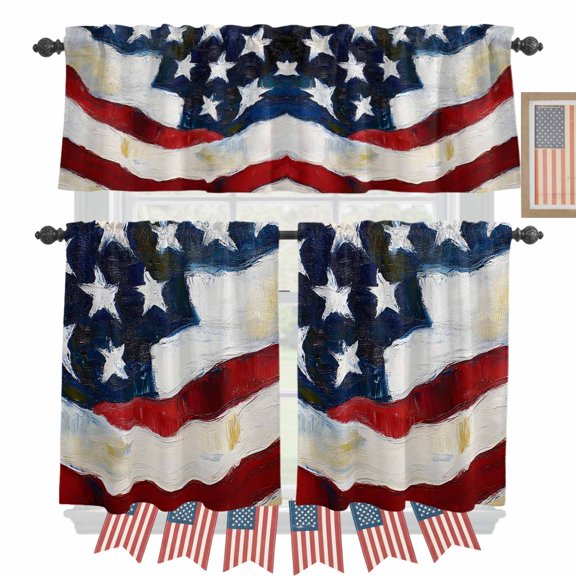 Independence Day Kitchen Curtains Valances 3 Piece Set, United States Flag Rod Pocket Tier Curtain and Valance Drapes for Small Window 24 Inch Length for Bedroom Cafe