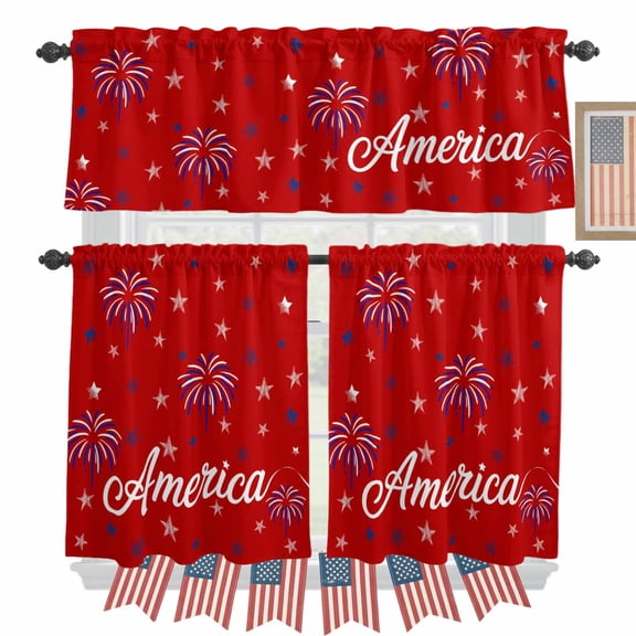 Independence Day Kitchen Curtains Valances 3 Piece Set, Usa Flag Day Rod Pocket Tier Curtain and Valance Drapes for Small Window 24 Inch Length for Bedroom Cafe