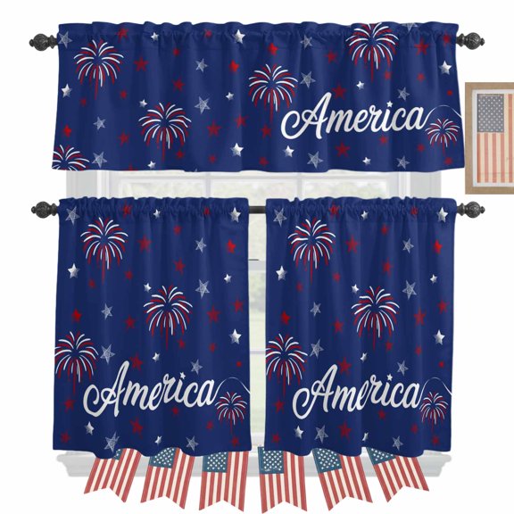 Independence Day Kitchen Curtains Valances 3 Piece Set, Usa Flag Day Rod Pocket Tier Curtain and Valance Drapes for Small Window 24 Inch Length for Bedroom Cafe