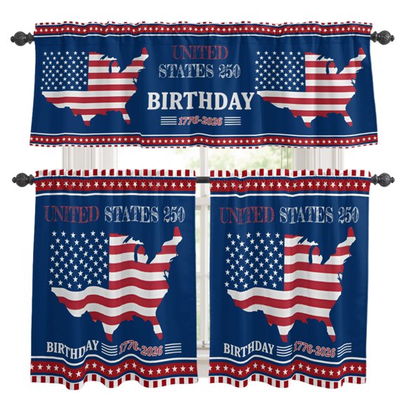 Independence Day Kitchen Curtains Valances 3 Piece Set, Vintage Red Blue USA Map Navy Blue Rod Pocket Tier Curtain and Valance Drapes for Small Window 36 Inch Length for Bedroom Cafe