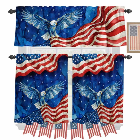 Independence Day Kitchen Curtains Valances 3 Piece Set, Watercolor Flying Eagle Red Blue USA Flag Rod Pocket Tier Curtain and Valance Drapes for Small Window 36 Inch Length for Bedroom Cafe