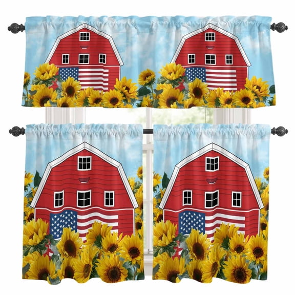 Independence Day Kitchen Curtains and Valances Set, U.S. Flag Themed Red Barn Farmhouse Sunflower Rod Pocket Window Valance Window Curtain Panels for Living Room Bedroom Laundry, 27.5x24in, 3 Pieces