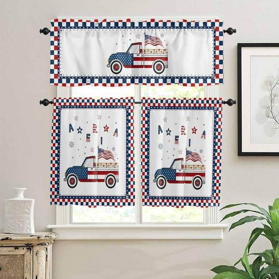 Independence Day Kitchen Curtains Valances and Tier Set, 3 Pieces Rod Pocket Tiers Curtain American Farm Truck Patriotic USA Flag Small Window Valance Sets Treatment Drapes 4th of July Buffalo Plaid