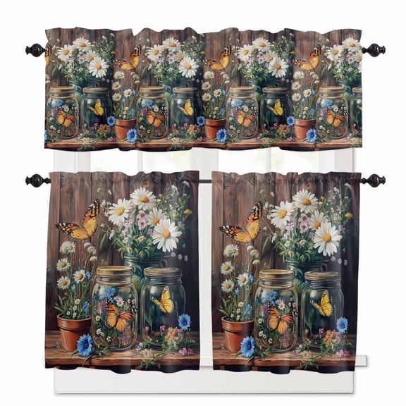 Independence Day Kitchen Curtains Valances and Tiers Country Floral Daisy Butterfly Tier Curtains and Valance Rod Pocket Valance Curtains Set 27.5"W x 24"L, 3pcs